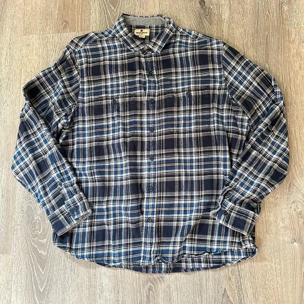 Woolrich‎ Flannel Men's 2XL XXL Blue Plaid Checkered Long Sleeve Button Up Shirt - Picture 2 of 14